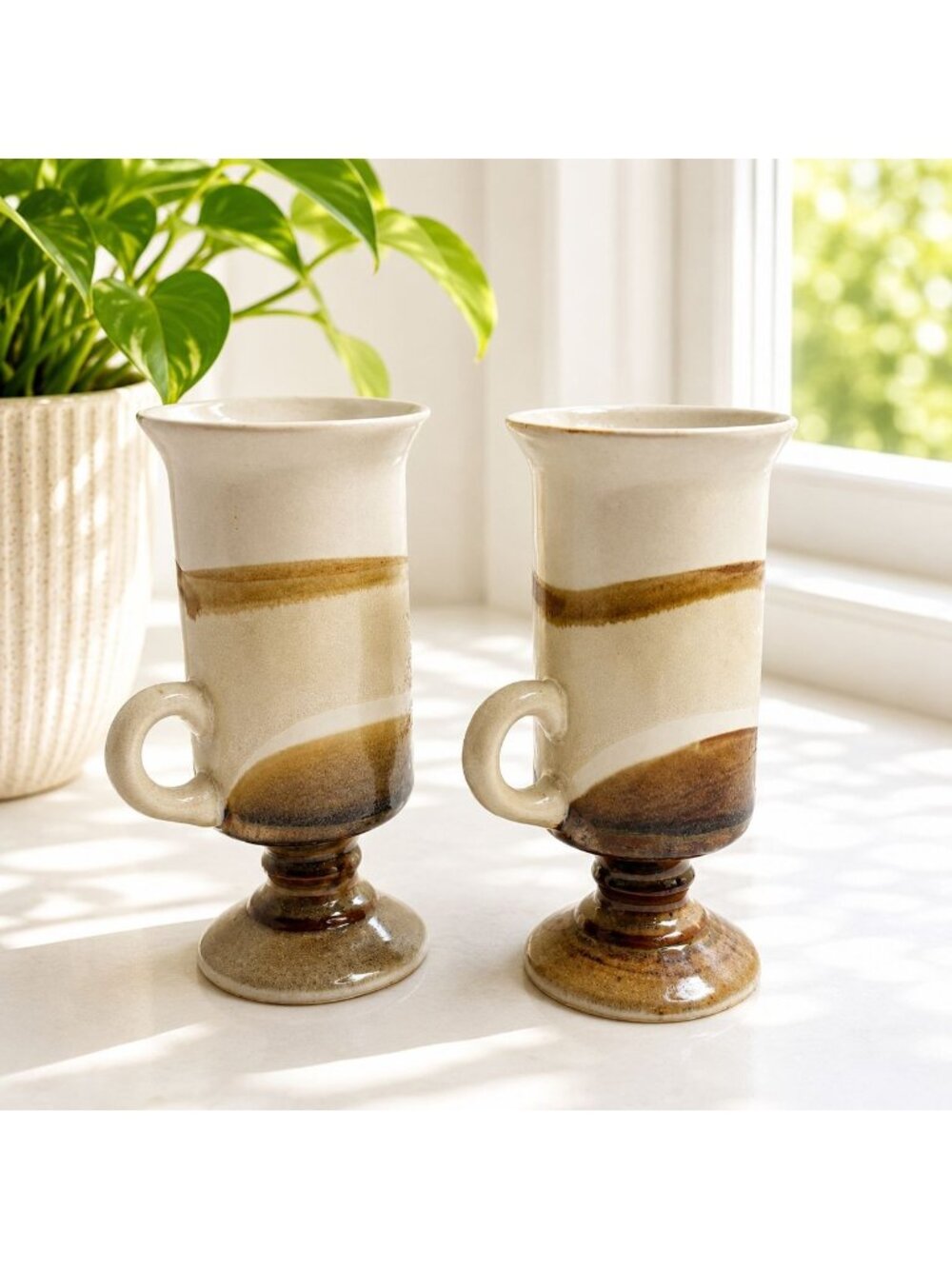 Vintage Japanese Pedestal Mugs Set Of 2 Earth Tone Banded Pottery Flared Rim Rus